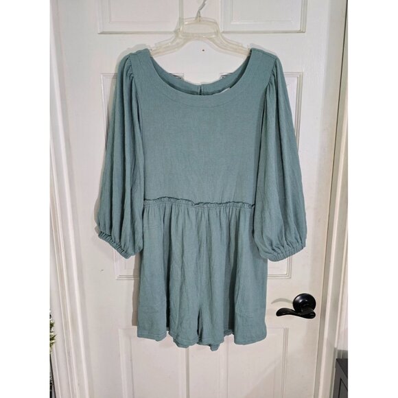 Aemi Co Womens Blue Long Sleeve Romper Ruffled Waist Keyhole Back Size S NWT - Picture 5 of 13